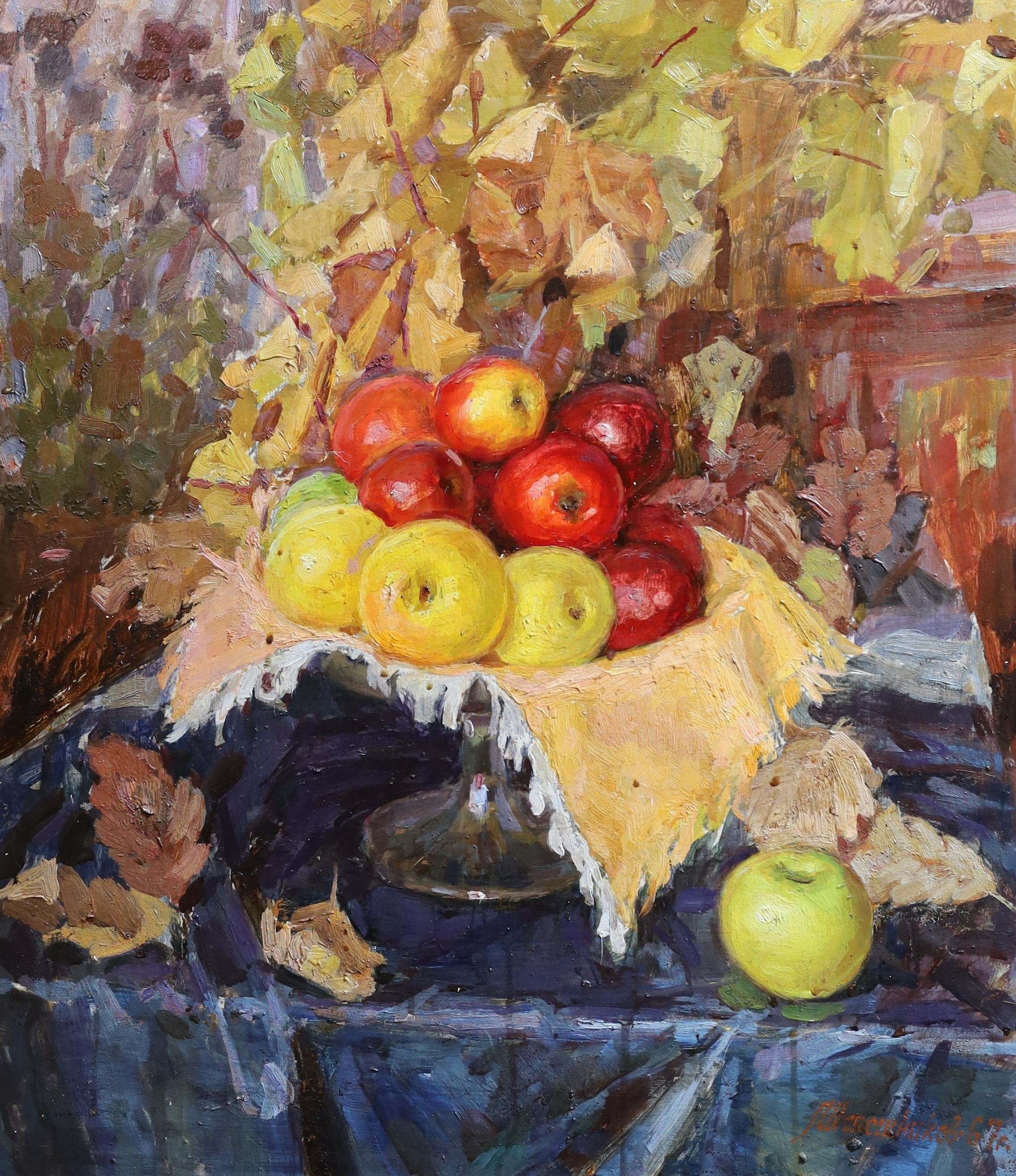 Mikhail Alexandrovich Shaposhnikov (Ukrainian, 1909-1989), Still life of fruit upon a table top, oil on board, 67 x 58cm